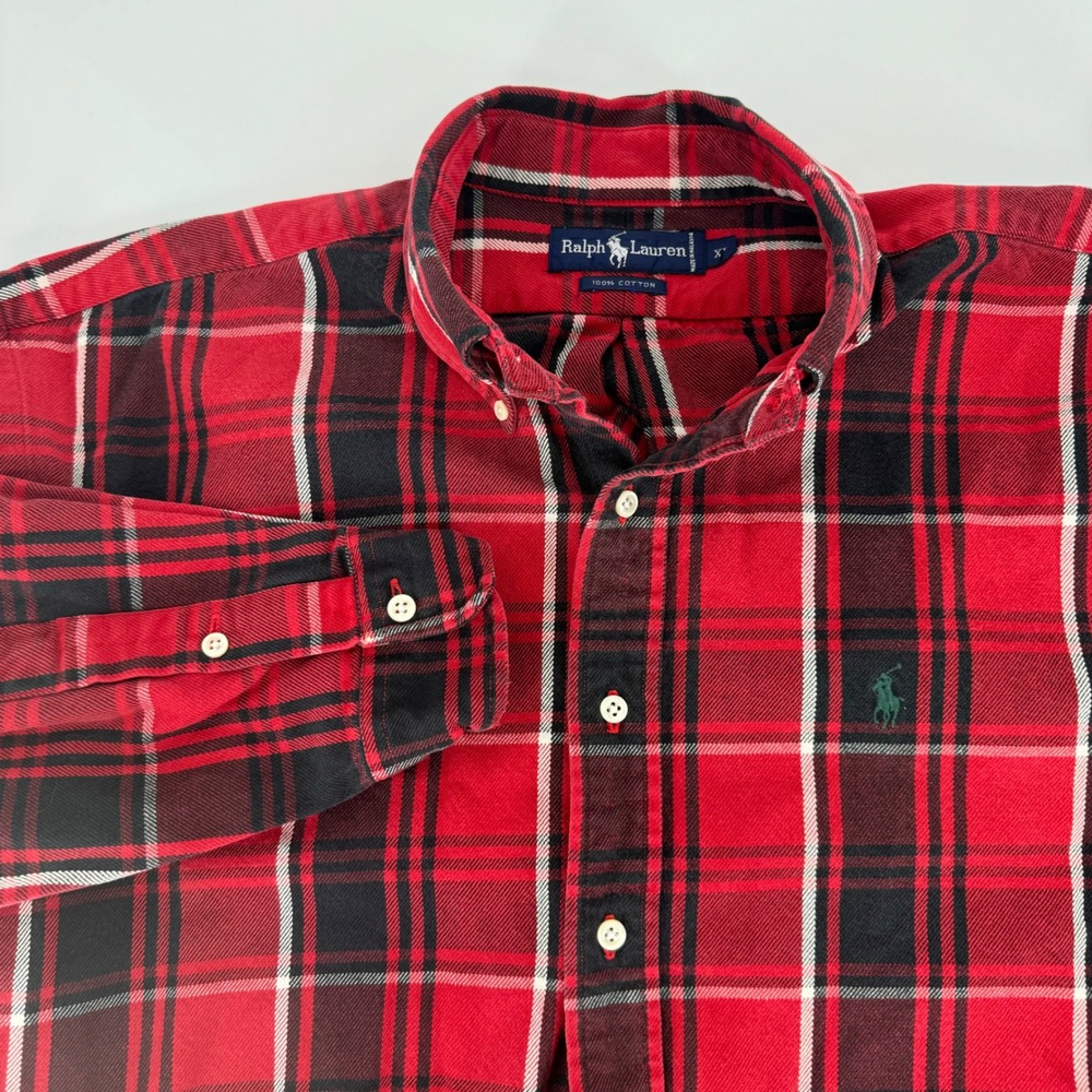 Ralph Lauren Men's Red Black Plaid Button Down Shirt Long Sleeve‎ XL Cotton Rip